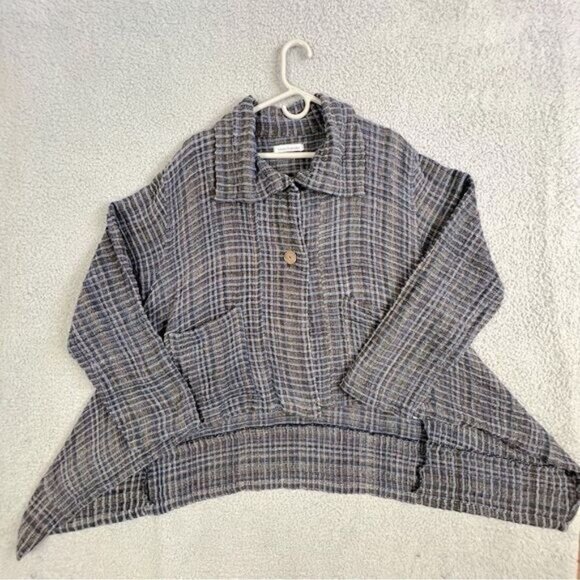 YASUKO KURISAKA WOMENS HANDWOVEN ASYMMETRICAL COTTON JACKET BLUE GRAY WEAVE M/L - Picture 10 of 10